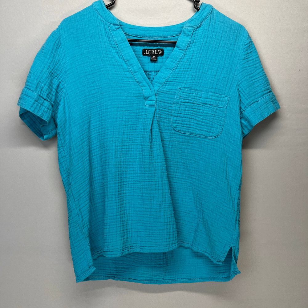 J.Crew Turquoise Blue Textured Cotton Gauze V-Neck Short‎ Sleeve Top Women XS
